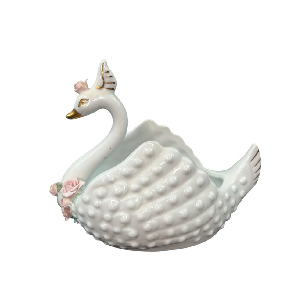 Vintage Lefton's Hobnailed Porcelain Roses Swan Trinket Dish Hand Painted 848